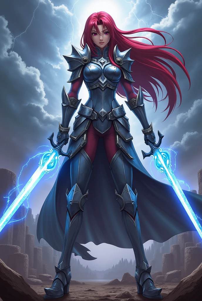 (((Erza Scarlet:1.3))), (((Realistic:1.5))),a fierce and determined warrior, is depicted wearing her iconic (((Heaven’s Wheel Armor:1.2))). Her long, ((crimson hair)) flows freely, contrasting against the shining silver and blue armor. She wields her dual swords with a commanding presence, ready for battle. Her expression is intense and focused, showcasing her determination and strength.

Set in a dramatic battlefield with ((ruined structures)) and a stormy sky. The ground is littered with remnants of past battles, and the air crackles with magic energy. The dark clouds and flashes of lightning add to the sense of urgency and danger.

Erza is positioned in the center of the frame, with a slightly low-angle shot to emphasize her power and authority. The background is slightly blurred to keep the focus on her figure, with the swords prominently displayed.High detail with a sharp focus on the armor’s metallic sheen and the glowing magical energy surrounding the swords. The lighting is dynamic, with bright flashes highlighting the contours of her armor.
