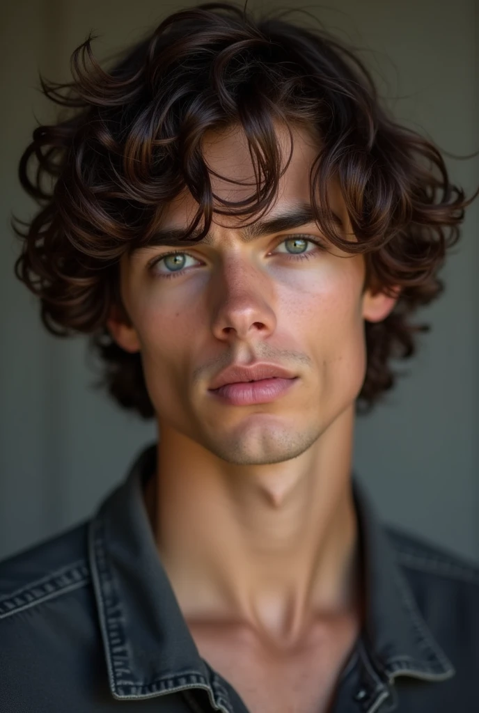 A young man with middlelong dark brown hair with curls, trained body, really handsome, tall and grey eyes, sharp jawline and sharp cheekbones, narrow eyes, bad boy