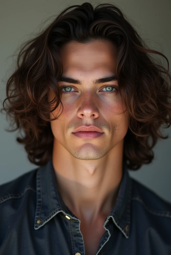 A young man with middlelong dark brown hair with curls, trained body, really handsome, tall and grey eyes, sharp jawline and sharp cheekbones, narrow eyes, bad boy