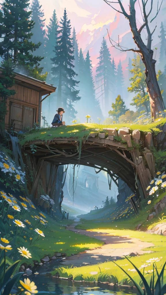 masterpiece, UTRA HD, 8k ,FULL anime-realistic scene of a cabin under a tree, on the edge of a cliff, a field with daisy flowers, that serene night, quiet, , with some small fireflies emerging from the grassland,ULTRA Style Kilian Eng and Thomas Kinkade, Rob Gonsalves and Tim White , silvain sarriel. Rhads and Thomas Kinkade, inspired by RHADS, cyril rolando and m.I'm confused, cyril rolando and m. I'm confused, Rhads!!!, animated background, animated background art, beautiful anime scene, Over the clouds, Kilian Eng y Thomas Kinkade, Rob Gonsalves y Tim White., silvain sarriel, Rhads y Thomas Kinkade, inspired by RHADS, cyril rolando and m.I'm confused, cyril rolando and m. I'm confused, Rhads!