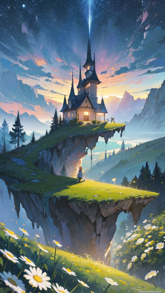 masterpiece, UTRA HD, 8k ,FULL anime-realistic scene of a cabin under a tree, on the edge of a cliff, a field with daisy flowers, that serene night, quiet, , with some small fireflies emerging from the grassland,ULTRA Style Kilian Eng and Thomas Kinkade, Rob Gonsalves and Tim White , silvain sarriel. Rhads and Thomas Kinkade, inspired by RHADS, cyril rolando and m.I&#39;m confused, cyril rolando and m. I&#39;m confused, Rhads!!!, animated background, animated background art, beautiful anime scene, Over the clouds, Kilian Eng y Thomas Kinkade, Rob Gonsalves y Tim White., silvain sarriel, Rhads y Thomas Kinkade, inspired by RHADS, cyril rolando and m.I&#39;m confused, cyril rolando and m. I&#39;m confused, Rhads!