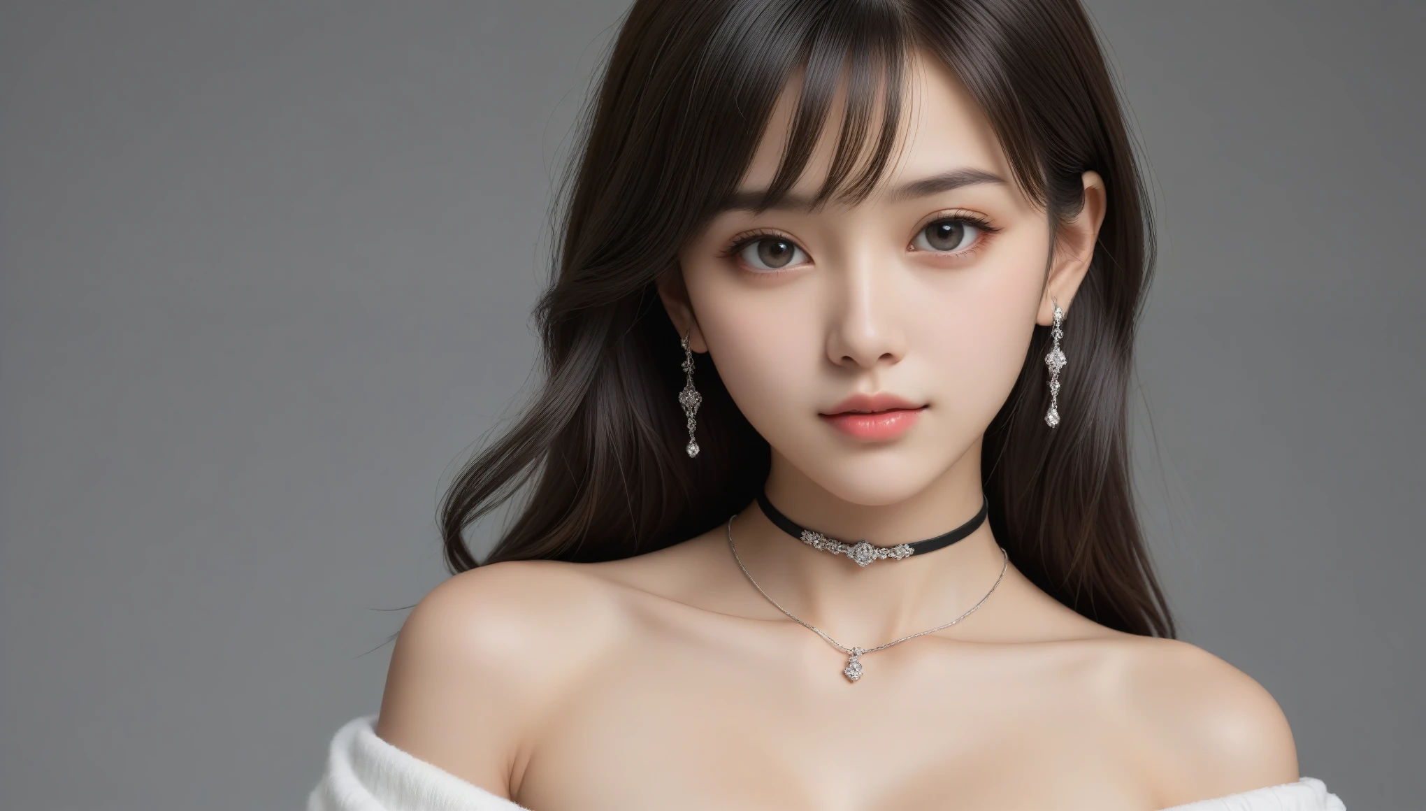 8k, Ultra-high resolution, Highest quality, masterpiece, 三分割法によるphotograph,Surreal, photograph, 1 Girl, (16 years old:1.3), pretty girl, Cute Face, 細部までBeautiful Eyes, 細かくdetailedに,masterpiece,One Girl:1.2,Japanese female announcer,close up,light smile,Black Hair,Curtain bangs,Super Beautiful Girl 4,((1 girl:1.4)),Shine, Natural skin texture、(Stylish clothes:1.4),(The highest rank of ceremonial attire),Attractive girl、16 years old、(Perfect female body:1.4)、(女の子のポートレートphotograph:1.4)、(Photorealistic images:1.4),Fantasy art,(Beautiful Face:1.4)、Beautiful breasts,Beautiful and attractive eyes、Beautiful Eyes、(Tight waist:1.4)、(Beautiful girl with perfect body proportions:1.4),Red lips,(choker:1.4、necklace:1.4、Earrings:1.4),Looking at the audience,(((Ideal body type))),A-cup small breasts :2,、Portraiture:2、Perfect Anatomy、鮮明なdetailed、detailed,Fashion magazine cover,Thin lips,Gray background ,完璧でBeautiful Face ,完璧でCute Face, Skin with attention to detail, Perfect limbs、Narrow waist,Looking at the audience,(((Ideal body type))),A cup small breasts :2,Portraiture:2,Perfect Anatomy,鮮明なdetailed,detailed,Surreal,Light and shadow,spotlight