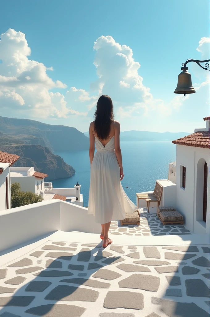 A woman stands on a white Greek-style building on cobblestones、Standing with your back to the boundary where the bell is ringing。