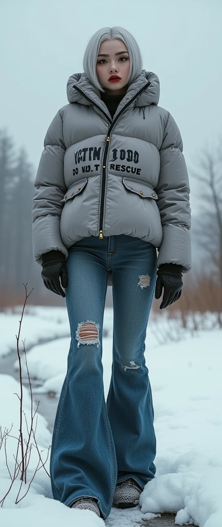 cold weather , woman, moncler ultra-short sporty down jacket,bib "VICTIM 0069 DO NOT RESCUE", flared jeans, stuck in bog,pale ethnic patterns ritual makeup, cold, red lips, sexy posing, bob haircut