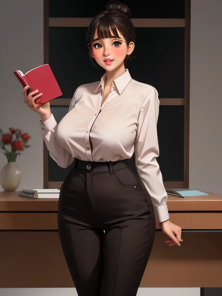 (highres, high quality:1.3), intricate details, cinematic lighting, sharp focus, depth of field,
KuroseKatsuko, 1girl, solo, full body, mature female, looking at viewer, standing, white background, siple background,
serious, embarrassed, blush, holding book, open mouth,
[brown|black] hair, short hair, blunt bang, hair bun, ribbon, makeup, lipstick, eyelashes, brown eyes, detailed eyes, glasses, perfect face, cute nose, beautiful face, perfect face, illuminated face, thick lips, blushes, symmetrical face, beautiful detailed face, human ears, seductive, pleasure expression, orgasm expression,
Buttoned up blouse, black pants,  tight clothes,
huge breast, hourglass figure, big breasts, huge breasts, large breasts, big butt, huge butt, very slim stomach, thin belly, buttoned up blouse 