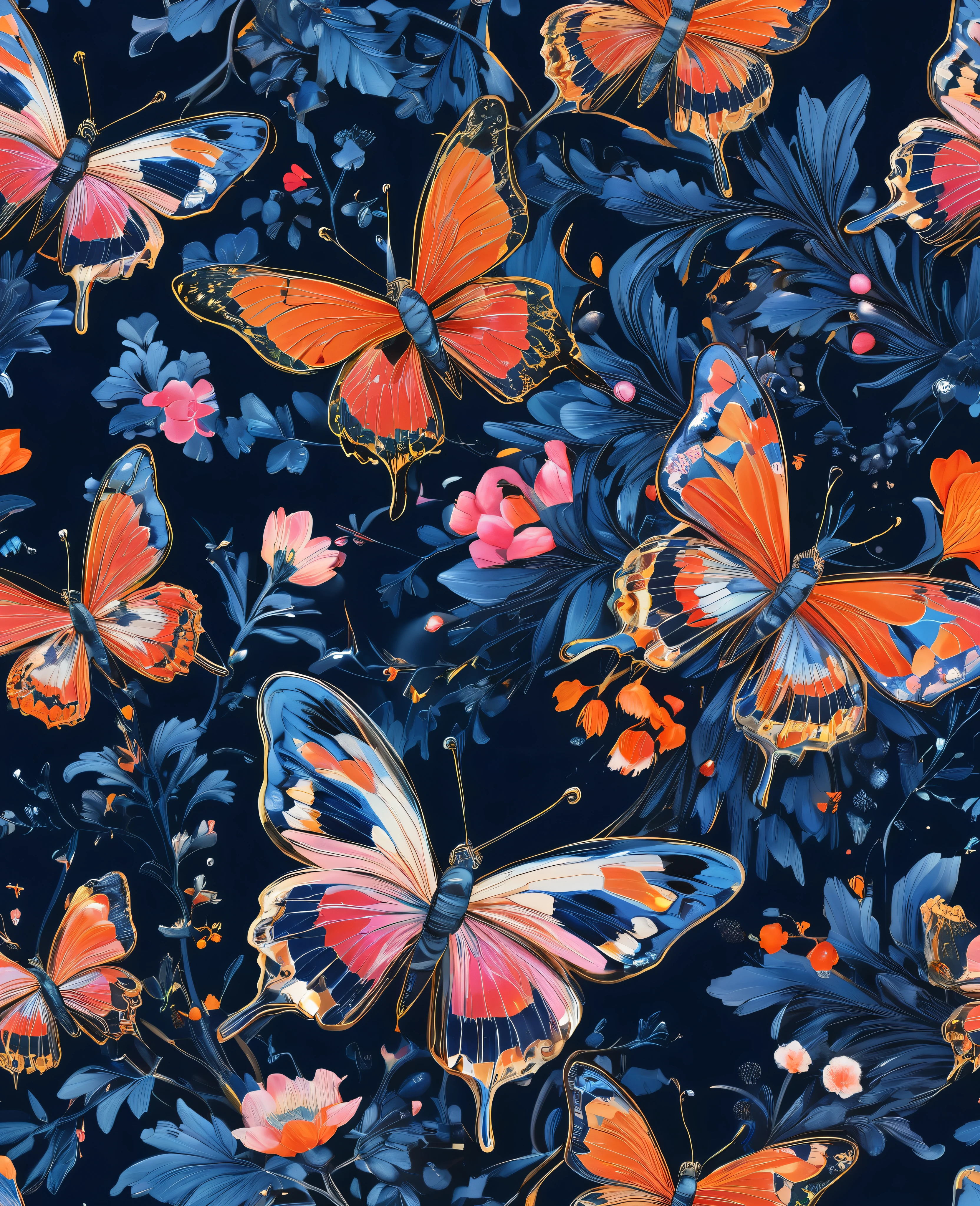 "An ultra-intricate 8K masterpiece inspired by Petra Cortright's graffiti and scribble style, featuring vibrant, metallic butterflies and delicate floral motifs. The design is a professional, highly detailed representation set against a deep midnight blue background, allowing the luminous colors of the butterflies and flowers to stand out. This composition merges elements of comics and contemporary art, showcasing an official artwork with exceptional quality and artistic depth. Each element is meticulously crafted, highlighting the shimmering metallic textures and intricate patterns, creating a visually captivating and dynamic piece."