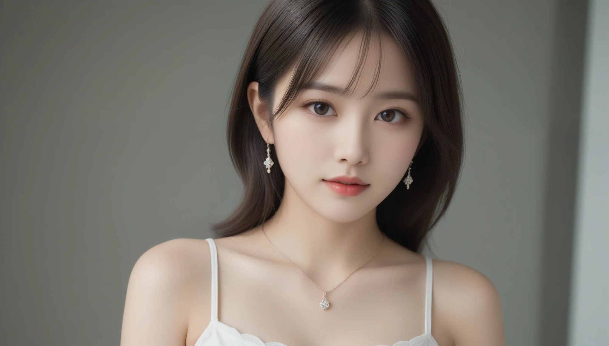 8k, Ultra-high resolution, Highest quality, masterpiece, 三分割法によるphotograph,Surreal, photograph, 1 Girl, (:1.3), pretty girl, Cute Face, 細部までBeautiful Eyes, 細かくdetailedに,masterpiece,One Girl:1.2,Japanese female announcer,close up,light smile,Black Hair,Curtain bangs,Super Beautiful Girl 4,((1 girl:1.4)),Shine, Natural skin texture、(Stylish clothes:1.4),(The highest rank of ceremonial attire),Attractive girl、16 years oldmale body:1.4)、(女の子のポートレートphotograph:1.4Photorealistic images:1.4),Fantasy art,(Beautiful Face:1.4)、Beautiful breasts,Beautiful and attractive eyes、Beautiful Eyes、(Tight waist:1.4)、(Beautiful girl with perfect body proportions:1.4),Red lips,(choker:1.4、necklace:1.4、Earrings:1.4),Looking at the audience,(((Ideal body type))),A-cup small breasts :2,、Portraiture:2、Perfect Anatomy、鮮明なdetailed、detailed,Fashion magazine cover,Thin lips,Gray background ,完璧でBeautiful Face ,完璧でCute Face, Skin with attention to detail, Perfect limbs、Narrow waist,Looking at the audience,(((Ideal body type))),A cup small breasts :2,Portraiture:2,Perfect Anatomy,鮮明なdetailed,detailed,Surreal,Light and shadow,spotlight