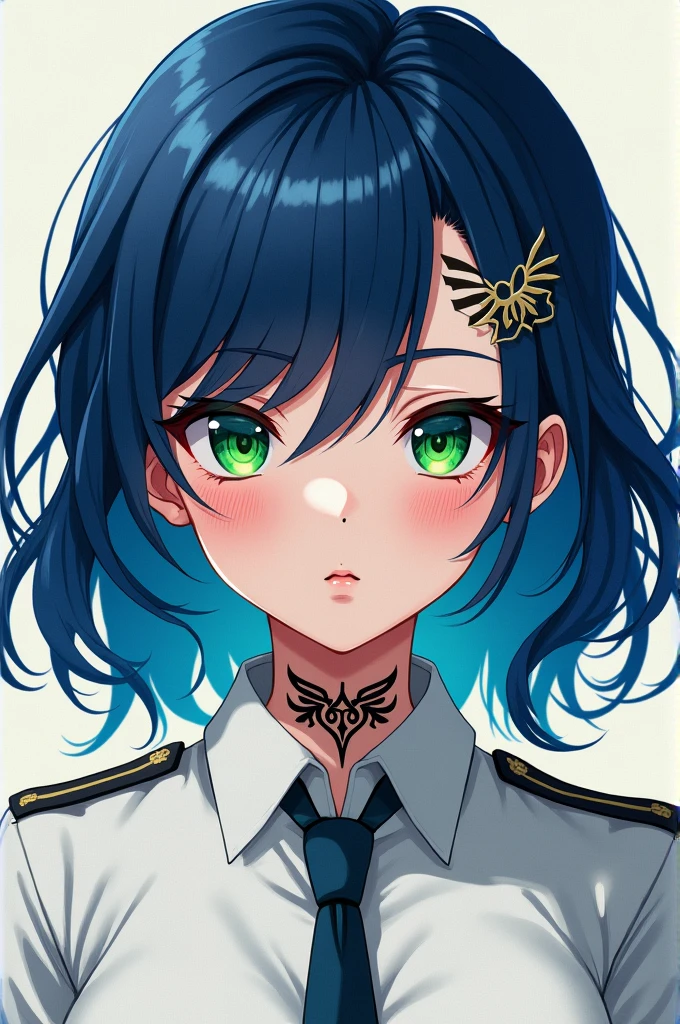Create a girl with strong navy blue hair, green eyes, anime version tattoos and the U uniform.A