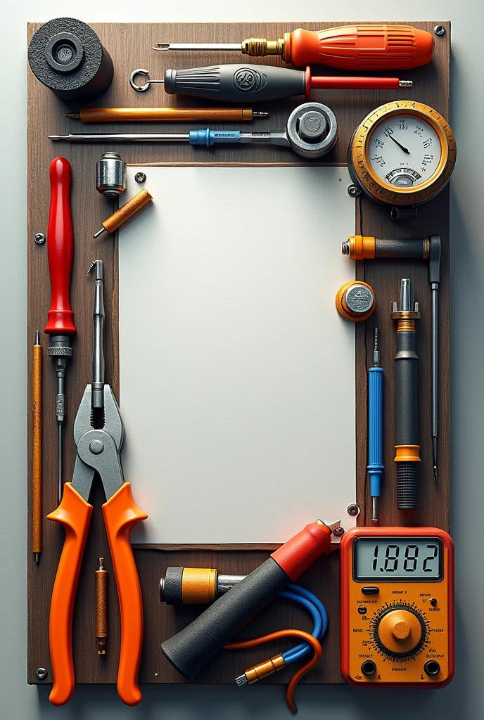 Electrician's nameplate, with tools, alicate de corte, screwdriver pliers voltammeter, power wires , ladder and the one with the number CTL282 in the center of the plate