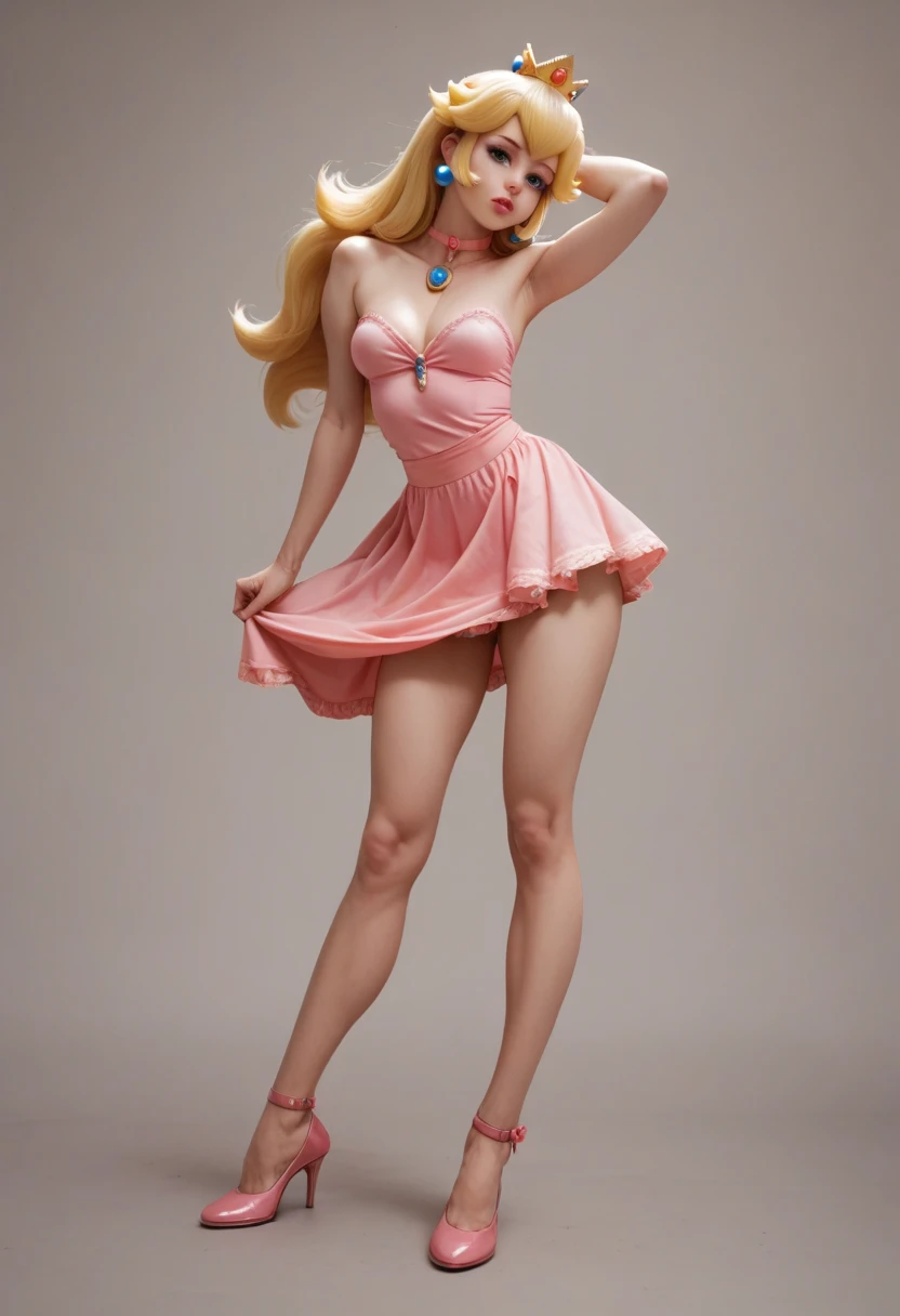 Princess Peach in a short and sexy dress, sexy pose with legs raised, lustful look