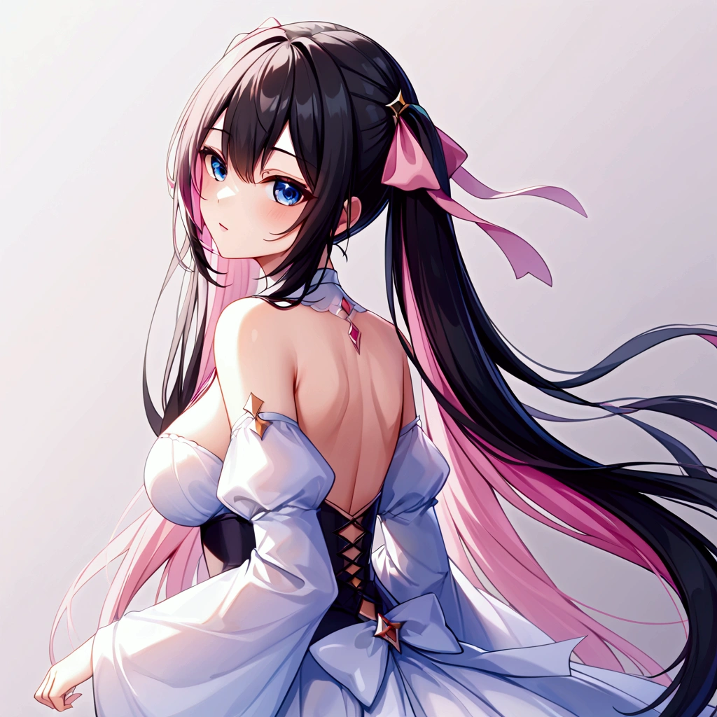 (email) extremely detailed CG unity 8k wallpaper 8KCG壁紙((Highest quality))、(masterpiece)、upper body(Realistic Shadows)、NSFW、(１6 year old beautiful girl),(Subjective)、cropped torso、looking back、Twin tails、Long Hair、(colored inner hair　black hair + pink inner hair)、Pink hair ribbon、Blue eyes、