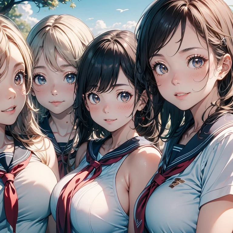 Highest quality, Super detailed, (Ultra-high resolution,8k), Ultra-high definition 4K, (Perfect Anatomy, Anatomically correct), (Five high school girls), (Beautiful Eyes), (Detailed eyes), (High-quality facial beauty), (Summer sunshine:1.2), (Photorealistic), (Detailed big breasts), Soft Skin, Glowing Skin, (High school sailor uniform), Natural light, Playing in a happy mood, (Five high school girls), colorful, Professional photography techniques