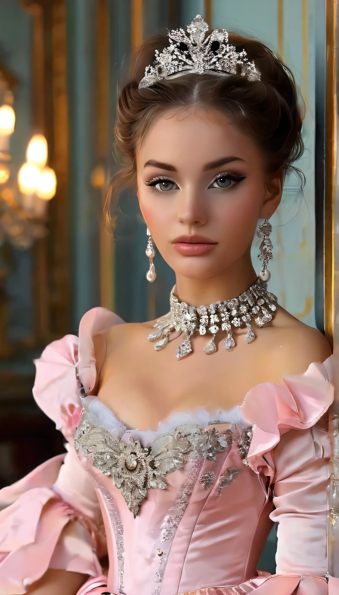 In the mid-16th century, the neckline disappeared and raised collars appeared. Shoes and fluffy skirts are in fashion; real fashionistas and fashionistas began to use perfume. Later, France begins to dictate fashion again. Laws of beauty appear, and the whole world follows the example of French women. The first editions of style and fashion appear. In the 18th and 19th centuries, fashion included: front sights, wigs, women's corsets, and the Rococo style.full body photography, big breasts, very long eyelashes, long diamond earrings, big diamond collar,4k,8k,high resolution, very detailed face, pink shiny lipgloss, very long eyelashes, blck maskara