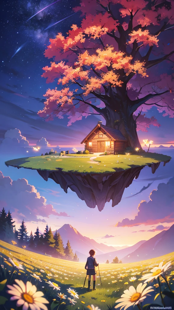 masterpiece, UTRA HD, 8k ,FULL anime-realistic scene of a cabin under a tree, on the edge of a cliff, a field with daisy flowers, that serene night, quiet, , with some small fireflies emerging from the grassland,ULTRA Style Kilian Eng and Thomas Kinkade, Rob Gonsalves and Tim White , silvain sarriel. Rhads and Thomas Kinkade, inspired by RHADS, cyril rolando and m.I&#39;m confused, cyril rolando and m. I&#39;m confused, Rhads!!!, animated background, animated background art, beautiful anime scene, Over the clouds, Kilian Eng y Thomas Kinkade, Rob Gonsalves y Tim White., silvain sarriel, Rhads y Thomas Kinkade, inspired by RHADS, cyril rolando and m.I&#39;m confused, cyril rolando and m. I&#39;m confused, Rhads!