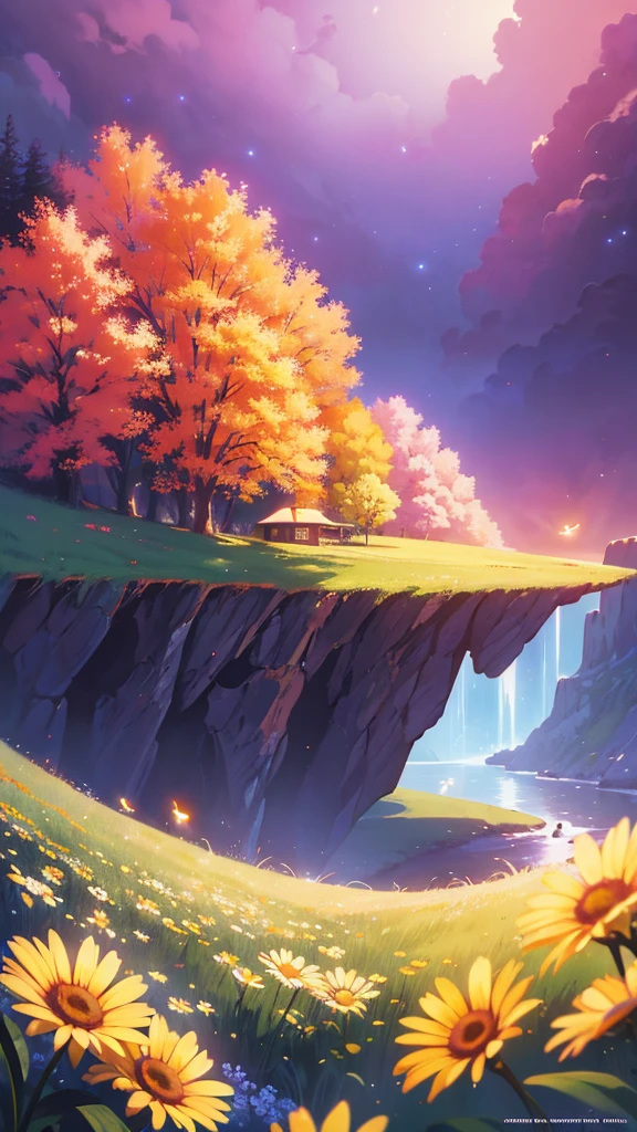 masterpiece, UTRA HD, 8k ,FULL anime-realistic scene of a cabin under a tree, on the edge of a cliff, a field with daisy flowers, that serene night, quiet, , with some small fireflies emerging from the grassland,ULTRA Style Kilian Eng and Thomas Kinkade, Rob Gonsalves and Tim White , silvain sarriel. Rhads and Thomas Kinkade, inspired by RHADS, cyril rolando and m.I&#39;m confused, cyril rolando and m. I&#39;m confused, Rhads!!!, animated background, animated background art, beautiful anime scene, Over the clouds, Kilian Eng y Thomas Kinkade, Rob Gonsalves y Tim White., silvain sarriel, Rhads y Thomas Kinkade, inspired by RHADS, cyril rolando and m.I&#39;m confused, cyril rolando and m. I&#39;m confused, Rhads!