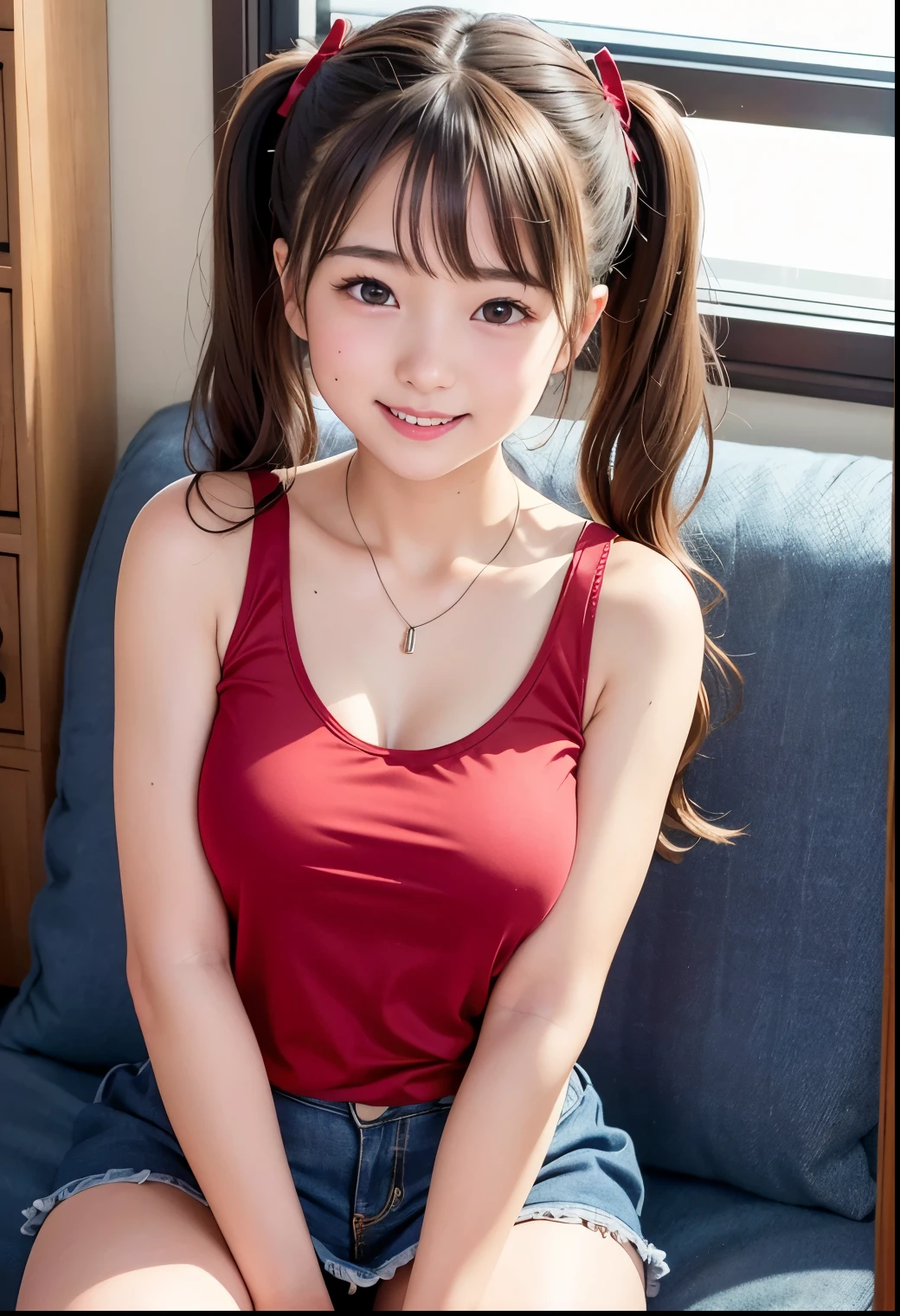 (Highest quality,masterpiece:1.3,Ultra-high resolution),(Very detailed、Caustics) (Realistic:1.4, RAW shooting、)Ultra-Realistic Capture、Very detailed、Natural skin texture、masterpiece、(A Japanese elementary school girl wearing a thin satin red tank top and a mini jeans skirt:1.3)、Adorable expression、Expressions of happiness、、height: 140cm、Baby Face、Pure girl、Amazingly cute、Twin tail hairstyle、Curly Hair、ribbon、Black Hair、Large Breasts、Shining thighs、Shining ass、necklace、Filmed sitting on a sofa in a private room at a sex shop、Background details、smile、An inviting gaze、(Anatomically correct)、Cowboy Shot、Attention to detail、