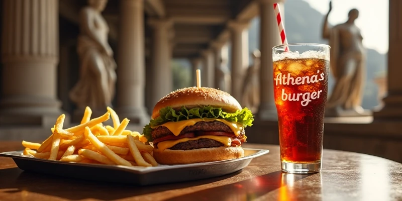 1 table with a tray of French fries, hamburger, and a soda with a straw next to it, background with the theme of Greek mythology Mount Olympus, statues of greek gods in the background, and on the glass the title (Athena's burgher) written in highlighted white