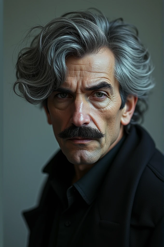 Make a half-idea man with gray hair and a half-dark and serious mustache