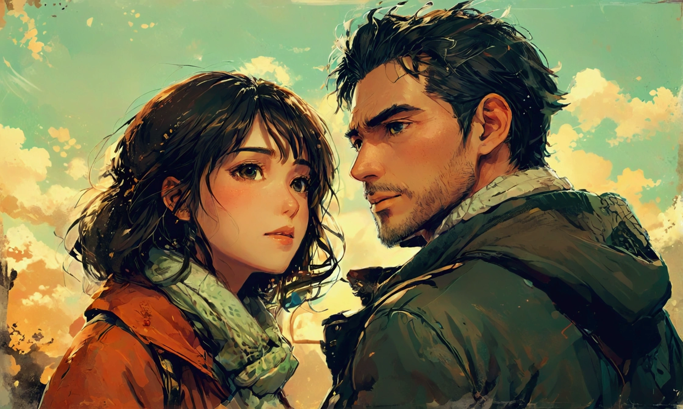A MAN AND A WOMAN TALKING,manga style art,manga style art,manga style art,manga style art