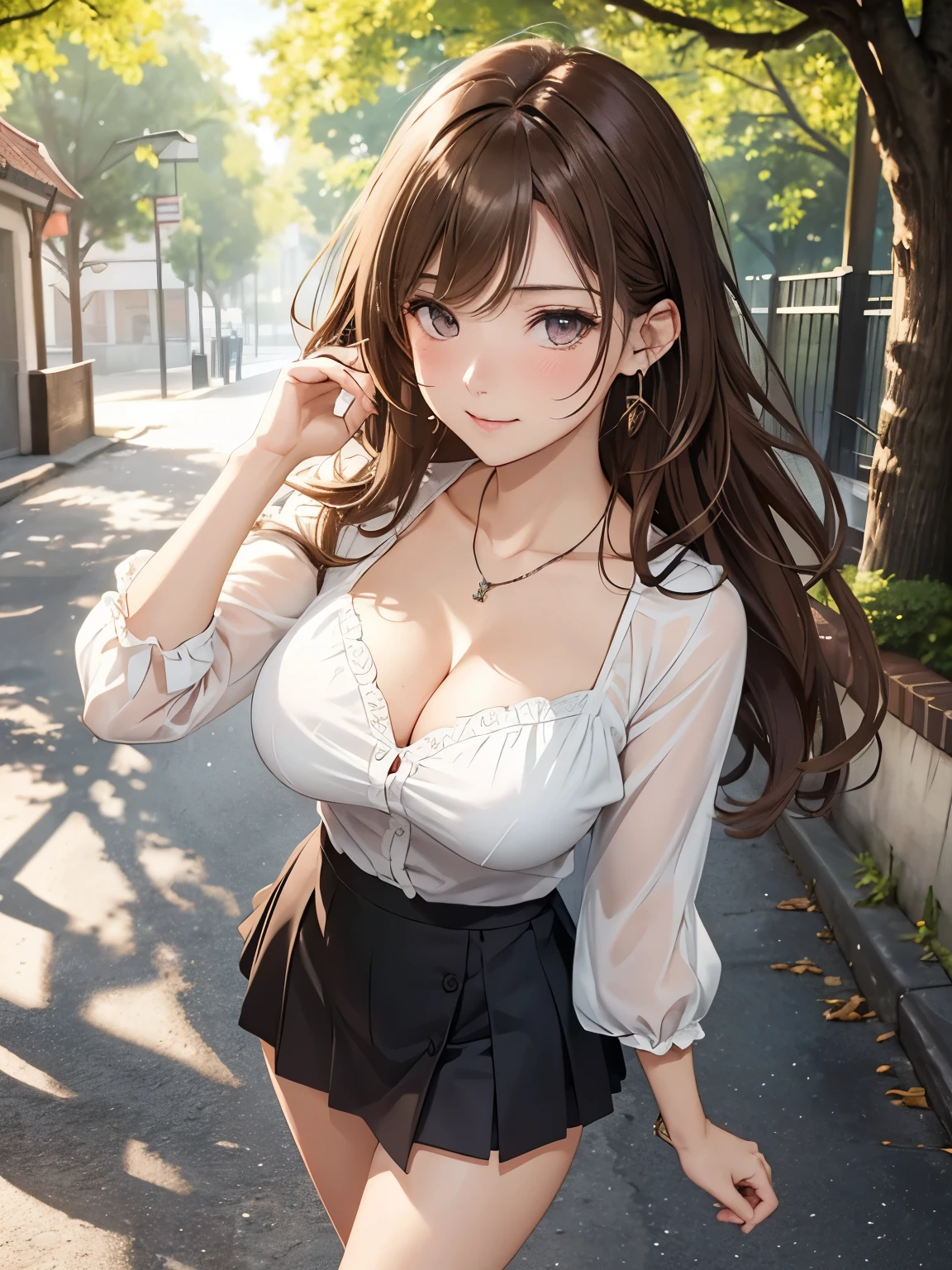 (Top Quality, High Resolution, Masterpiece, 4K), (soft light, shiny hair, beautiful eyes), young woman, full body view, lovely smile, ((long wavy hair, bangs, light colored hair)), ((greedy eyes, brown eyes, perfect eyes)), ((detailed face, blush:1.1)), (( Smooth texture:0.75, Realistic texture:0.65, Realistic:1.1, Animated CG style)), Large breasts, cleavage, seductive body, (random color wrap blouse, tight skirt, attractive thighs visible), Pretty necklace, cute earrings, (coming down big stairs in park, tree-lined street walking down a tree-lined street), strong sunlight, hand in own hair, showing chest with smiling , from above++, holding sunglasses in mouth, gesture of hair tied back with both hands, dynamic pose