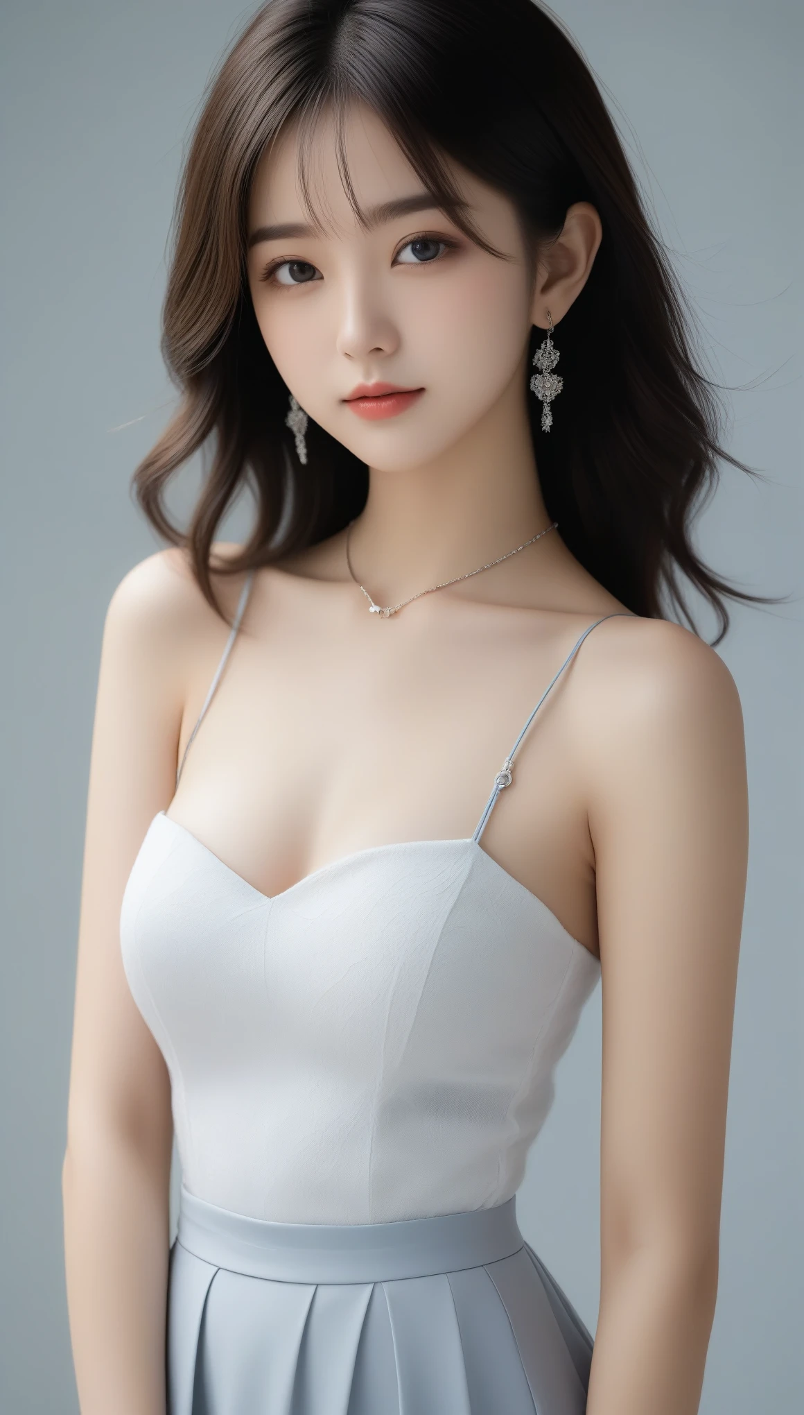 8k, Ultra-high resolution, Highest quality, masterpiece, 三分割法によるphotograph,Surreal, photograph, 1 Girl, (:1.3), pretty girl, Cute Face, 細部までBeautiful Eyes, 細かくdetailedに,masterpiece,One Girl:1.2,Japanese female announcer,full body,light smile,Black short hair,Wavy bob,Super Beautiful Girl 4,((1 girl:1.4)),Shine, Natural skin texture、(Stylish clothes:1.4),(The highest rank of ceremonial attire),Pencil Skirt,Attractive girl、16 years oldmale body:1.4)、(女の子のポートレートphotograph:1.4Photorealistic images:1.4),Fantasy art,(Beautiful Face:1.4)、Beautiful breasts,Beautiful and attractive eyes、Beautiful Eyes、(Tight waist:1.4)、(Beautiful girl with perfect body proportions:1.4),Red lips,(choker:1.4、necklace:1.4、Earrings:1.4),Beautiful leg line beauty,Looking at the audience,(((Ideal body type))),A-cup small breasts :2,、Portraiture:2、Perfect Anatomy、鮮明なdetailed、detailed,Fashion magazine cover,Thin lips,Gray background ,完璧でBeautiful Face ,完璧でCute Face, Skin with attention to detail, Perfect limbs、Narrow waist,Looking at the audience,(((Ideal body type))),A cup small breasts :2,Portraiture:2,Perfect Anatomy,鮮明なdetailed,detailed,Surreal,Light and shadow,spotlight