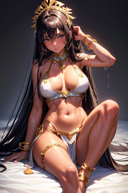 Best Quality, High resolution, ultra detailed, 1 girl, (long_hair, Alone, hair_ornament, dark hair, tanned skin, collar, bangles, breasts grandes, feathered backrest, heels, Wet, costumebzc, top-less, minimal costume, breasts, dance position.