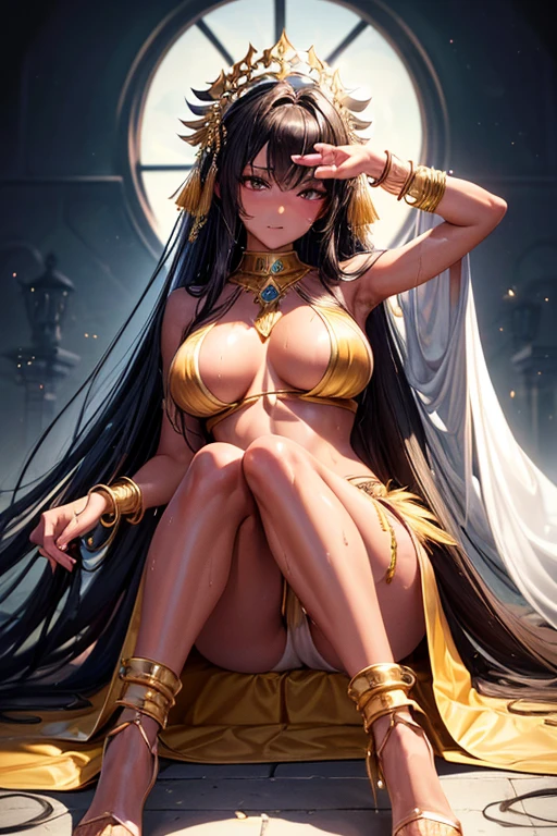 Best Quality, High resolution, ultra detailed, 1 girl, (long_hair, Alone, hair_ornament, dark hair, tanned skin, collar, bangles, breasts grandes, feathered backrest, heels, Wet, costumebzc, top-less, minimal costume, breasts, dance position.