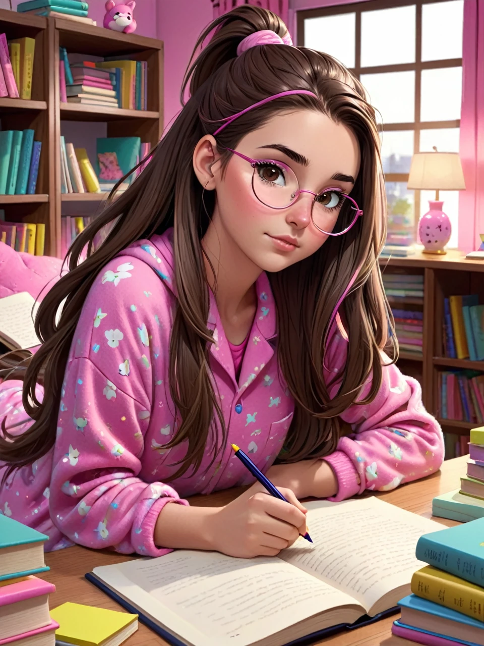 Animated version of a white girl without makeup , long hair of medium brown color, smooth ass, oval face with medium brown eyes and a nose ring piercing, studying hard for her test at her desk full of books and a wall full of sticky notes and the girl wore cozy pink animal pajamas at night with her hair half down half tied up in her room .