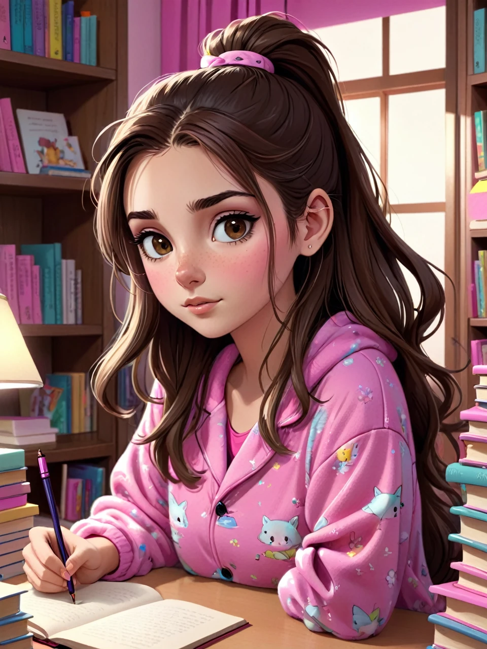 Animated version of a white girl without makeup , long hair of medium brown color, smooth ass, oval face with medium brown eyes and a nose ring piercing, studying hard for her test at her desk full of books and a wall full of sticky notes and the girl wore cozy pink animal pajamas at night with her hair half down half tied up in her room .