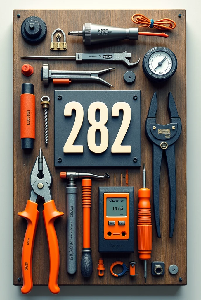 Electrician's nameplate, with tools, alicate de corte, screwdriver pliers voltammeter, wires and the number 282 in the center of the board