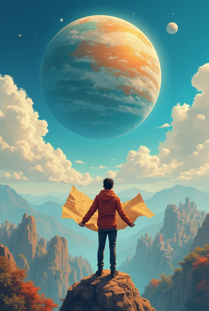 A man flies through the sky,Surrounded by a planet,A variety of stranger city surround it。The man holds the map,'s illustration。