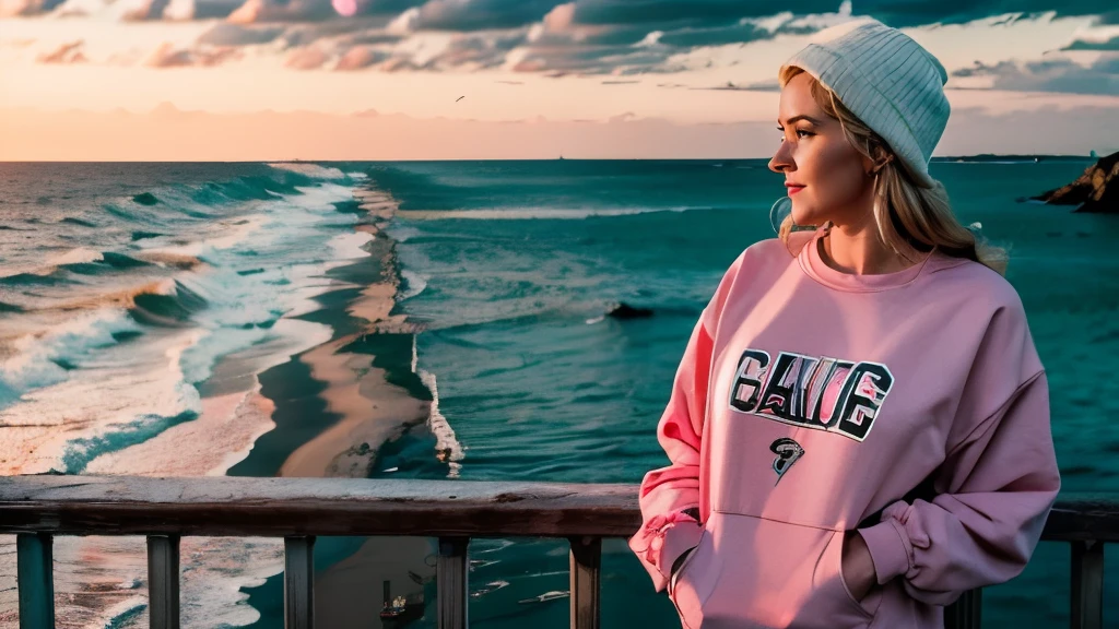 Beautiful woman wearing sweatshirt, reflective, looking at the sea, natta, in the background the sea and a lighthouse, pink sky, overcast day, dark colours