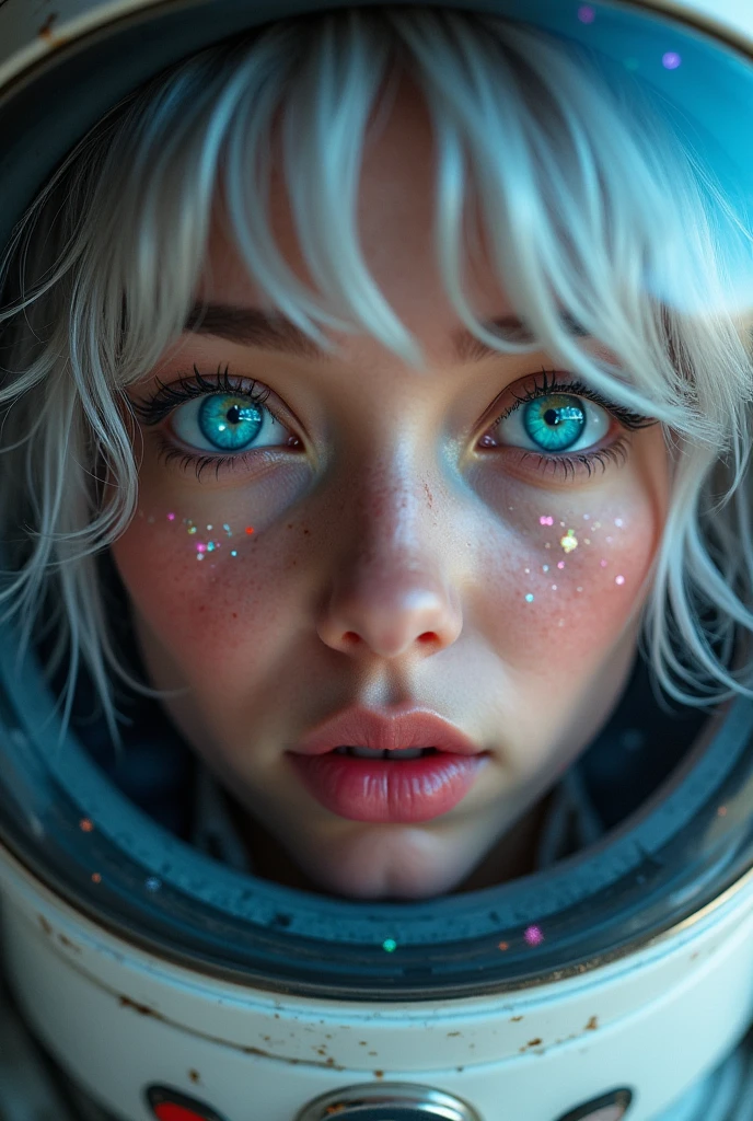 (Close-up of a better masterpiece:1.5)0.9], (Space and astronauts:1.2) (Messy silver hair:1.1) (Heterochromia xanthochromia and blue eyes:1.2) (Space Helmet:1.0) (Colored stars in the eyes:1.0) (A radiant glow:1.1) (thick lips:0.9)
