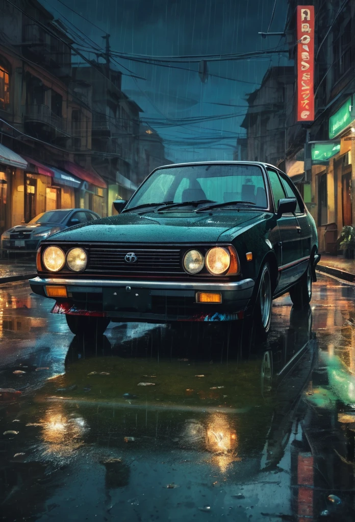 A black toyota ke30 car in the style of sam spratt, historical vintage car, old masters, genndy tartakovsky, soggy, masaccio, a 1990s poster style with dark green and blue details, colorful with vibrant colors, (low-light, breathtaking panoramic:1.3), night city background, rainny, light reflection at the floor