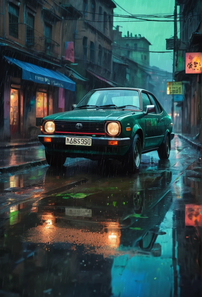 A black toyota ke30 car in the style of sam spratt, historical vintage car, old masters, genndy tartakovsky, soggy, masaccio, a 1990s poster style with dark green and blue details, colorful with vibrant colors, (low-light, breathtaking panoramic:1.3), night city background, rainny, light reflection at the floor