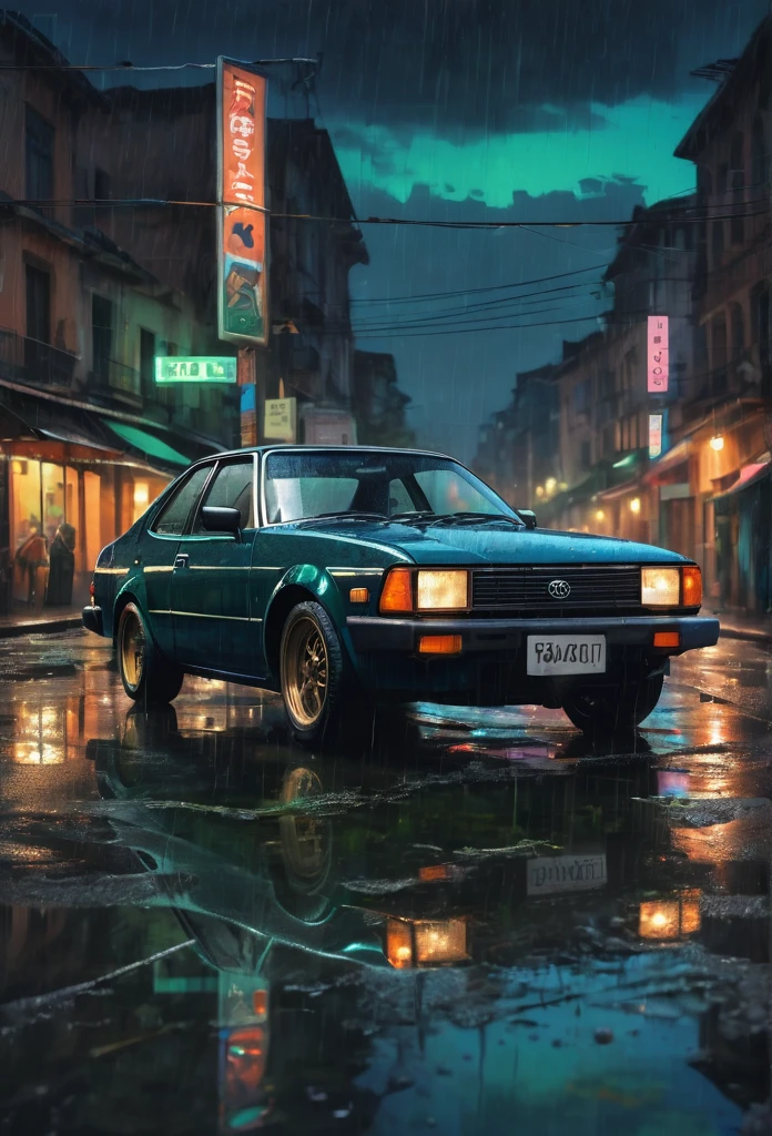 A black toyota ke30 car in the style of sam spratt, historical vintage car, old masters, genndy tartakovsky, soggy, masaccio, a 1990s poster style with dark green and blue details, colorful with vibrant colors, (low-light, breathtaking panoramic:1.3), night city background, rainny, light reflection at the floor