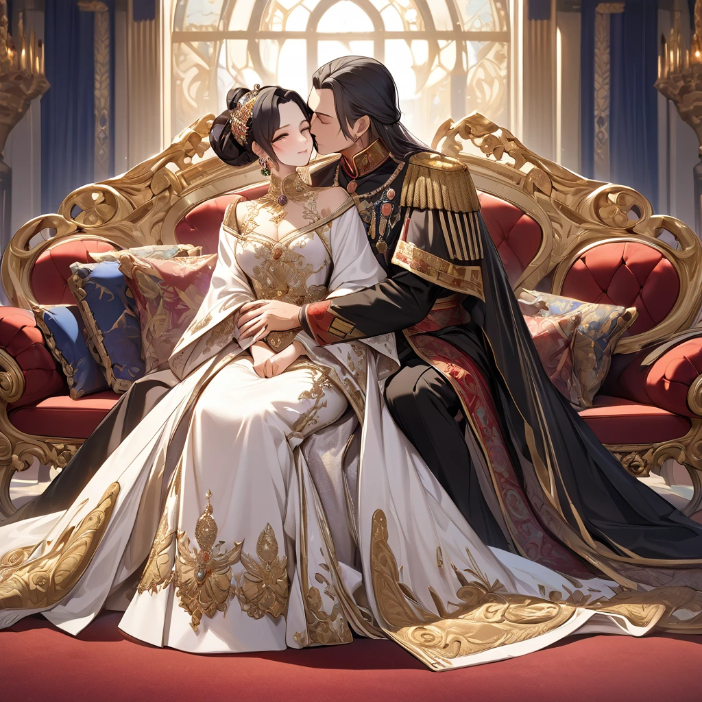 ((Highest quality)), ((masterpiece)), (detailed), (Perfect Face)、The woman is Shinobu Kocho, a Russian with black hair with purple gradient ends, tied in a bob hairstyle, an elegant, graceful and beautiful Russian noblewoman, and the Empress of the Great Russian Empire.、The woman is beautifully dressed in the gorgeous and glittering gold-colored ancient Russian court dress of an ancient Russian empress, accessorized with luxurious accessories and kokoshniks.、The woman is standing next to a great and dignified old Russian emperor.、A woman is sitting on a luxurious sofa in a palace hugging and kissing a great old Russian emperor, looking happy and in love、The woman loves the emperor with all her heart.