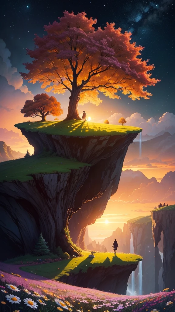 masterpiece, UTRA HD, 8k ,FULL anime-realistic scene of a cabin under a tree, on the edge of a cliff, a field with daisy flowers, that serene night, quiet, , with some small fireflies emerging from the grassland,ULTRA Style Kilian Eng and Thomas Kinkade, Rob Gonsalves and Tim White , silvain sarriel. Rhads and Thomas Kinkade, inspired by RHADS, cyril rolando and m.I&#39;m confused, cyril rolando and m. I&#39;m confused, Rhads!!!, animated background, animated background art, beautiful anime scene, Over the clouds, Kilian Eng y Thomas Kinkade, Rob Gonsalves y Tim White., silvain sarriel, Rhads y Thomas Kinkade, inspired by RHADS, cyril rolando and m.I&#39;m confused, cyril rolando and m. I&#39;m confused, Rhads!