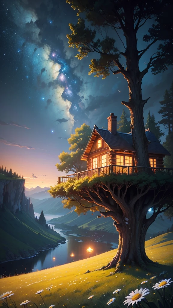 masterpiece, UTRA HD, 8k ,FULL anime-realistic scene of a cabin under a tree, on the edge of a cliff, a field with daisy flowers, that serene night, quiet, , with some small fireflies emerging from the grassland,ULTRA Style Kilian Eng and Thomas Kinkade, Rob Gonsalves and Tim White , silvain sarriel. Rhads and Thomas Kinkade, inspired by RHADS, cyril rolando and m.I&#39;m confused, cyril rolando and m. I&#39;m confused, Rhads!!!, animated background, animated background art, beautiful anime scene, Over the clouds, Kilian Eng y Thomas Kinkade, Rob Gonsalves y Tim White., silvain sarriel, Rhads y Thomas Kinkade, inspired by RHADS, cyril rolando and m.I&#39;m confused, cyril rolando and m. I&#39;m confused, Rhads!