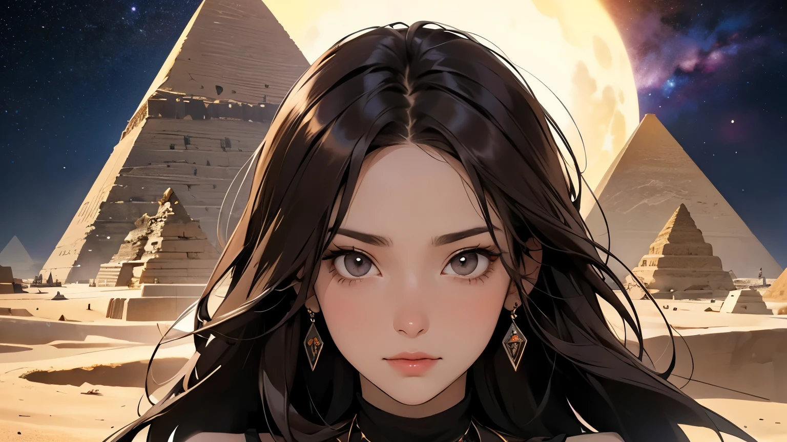 A beautiful woman. Dark brown hair. She is looking at the camera with a serious expression. The huge pyramids of Egypt can be seen in the space behind her.