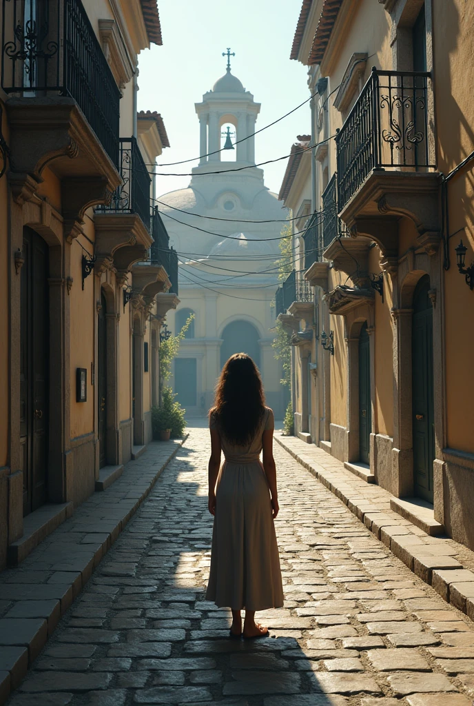A woman listens to the sound of Greek Orthodox church bells ringing from the cobblestone streets of the city、Standing there looking lonely with your back turned。