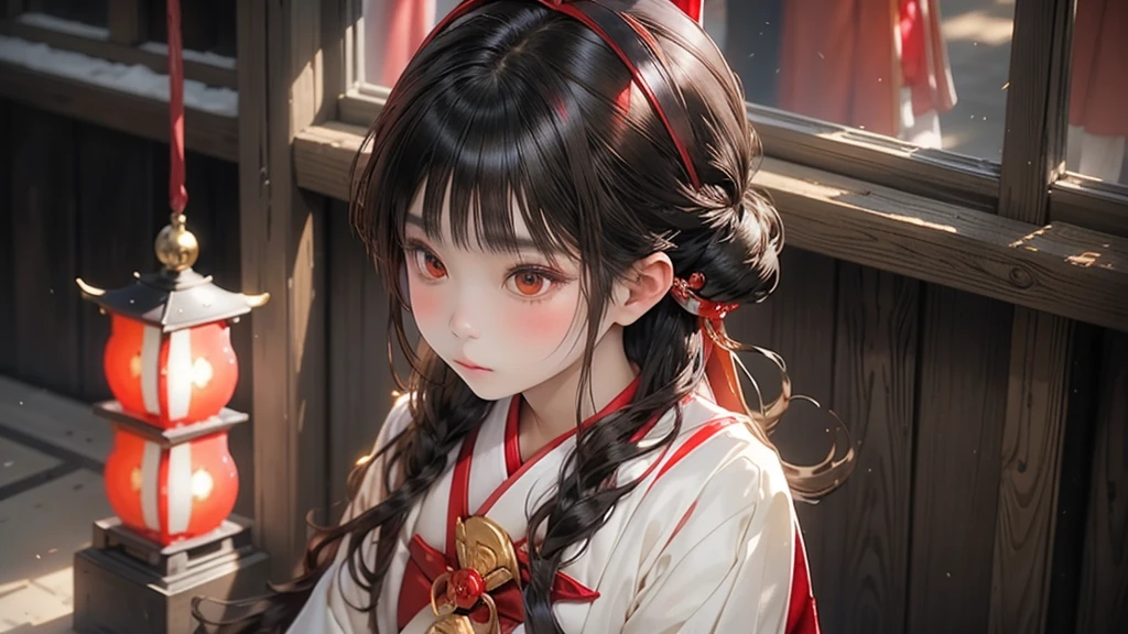 japanese miko clothing white and red, black long hair hime cut, kanzashi gold, detail eyes, at japanese temple shrine, calm face