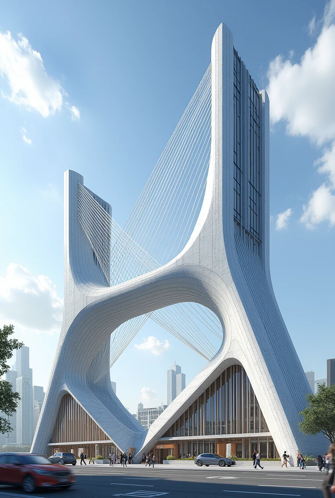 Building containing a cable structure, an arched structure