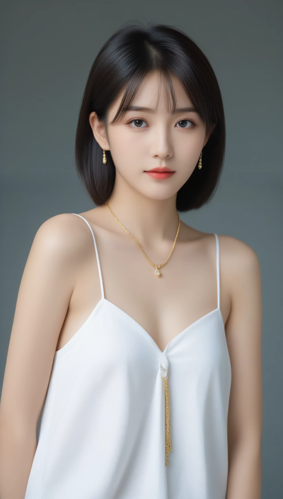 8k, Ultra-high resolution, Highest quality, masterpiece, 三分割法によるphotograph,Surreal, photograph, 1 Girl, (:1.3), pretty girl, Cute Face, 細部までBeautiful Eyes, 細かくdetailedに,masterpiece,One Girl:1.2,Japanese female announcer,full body,light smile,Black short hair,Wavy bob,Super Beautiful Girl 4,((1 girl:1.4)),Shine, Natural skin texture、(Stylish clothes:1.4),(The highest rank of ceremonial attire),Pencil Skirt,Attractive girl、16 years oldmale body:1.4)、(女の子のポートレートphotograph:1.4Photorealistic images:1.4),Fantasy art,(Beautiful Face:1.4)、Beautiful breasts,Beautiful and attractive eyes、Beautiful Eyes、(Tight waist:1.4)、(Beautiful girl with perfect body proportions:1.4),Red lips,(choker:1.4、necklace:1.4、Earrings:1.4),Beautiful leg line beauty,Looking at the audience,(((Ideal body type))),A-cup small breasts :2,、Portraiture:2、Perfect Anatomy、鮮明なdetailed、detailed,Fashion magazine cover,Thin lips,Gray background ,完璧でBeautiful Face ,完璧でCute Face, Skin with attention to detail, Perfect limbs、Narrow waist,Looking at the audience,(((Ideal body type))),A cup small breasts :2,Portraiture:2,Perfect Anatomy,鮮明なdetailed,detailed,Surreal,Light and shadow,spotlight
