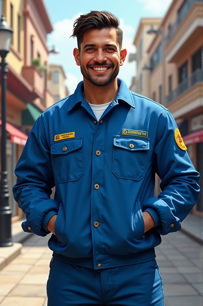 Andrei Duarte, from the hotel's sister design, blue street cleaner's outfit.