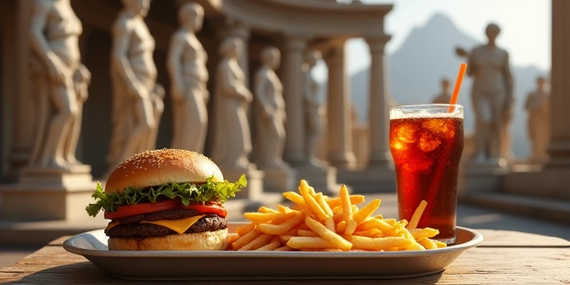 1 table with a tray of French fries,  hamburger, and a soda with a straw next to it, background with the theme of Greek mythology Mount Olympus, statues of greek gods in the background