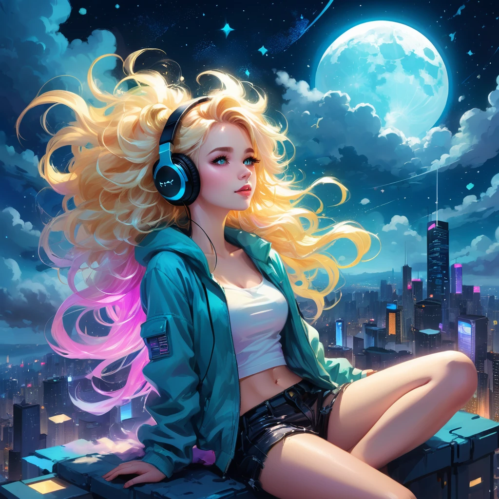 a beautiful 20 year old blonde woman with big messy hair laying down on a cloud in the sky floating over a cityscape at night, wearing headphones, looking down at the city, twinkling stars and glowing moon, fantasy art style, full body, rossdraws cartoon vibrant, cyberpunk, cute detailed digital art, colorfull digital fantasy art, digital fantasy art ), glossy digital painting, rossdraws pastel vibrant, rossdraws 2. 5, rossdraws 1. 0