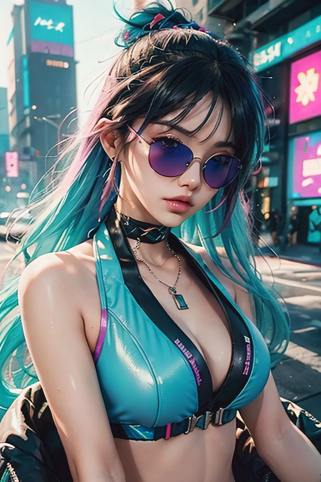 a close up of a woman wearing sunglasses and a bikini top, vibrant rossdraws cartoon, bright cyberpunk glow, rossdraws pastel vibrante, cyberpunk vibes, vibrant cyberpunk colors, cyberpunk artstyle, dreamy colorful cyberpunk colors, neon lenses, futuristic art style, rossdraws global illumination, cyberpunk vibe, vibrant fan art, Ross Draws 2. 0, inspired by Yanjun Cheng