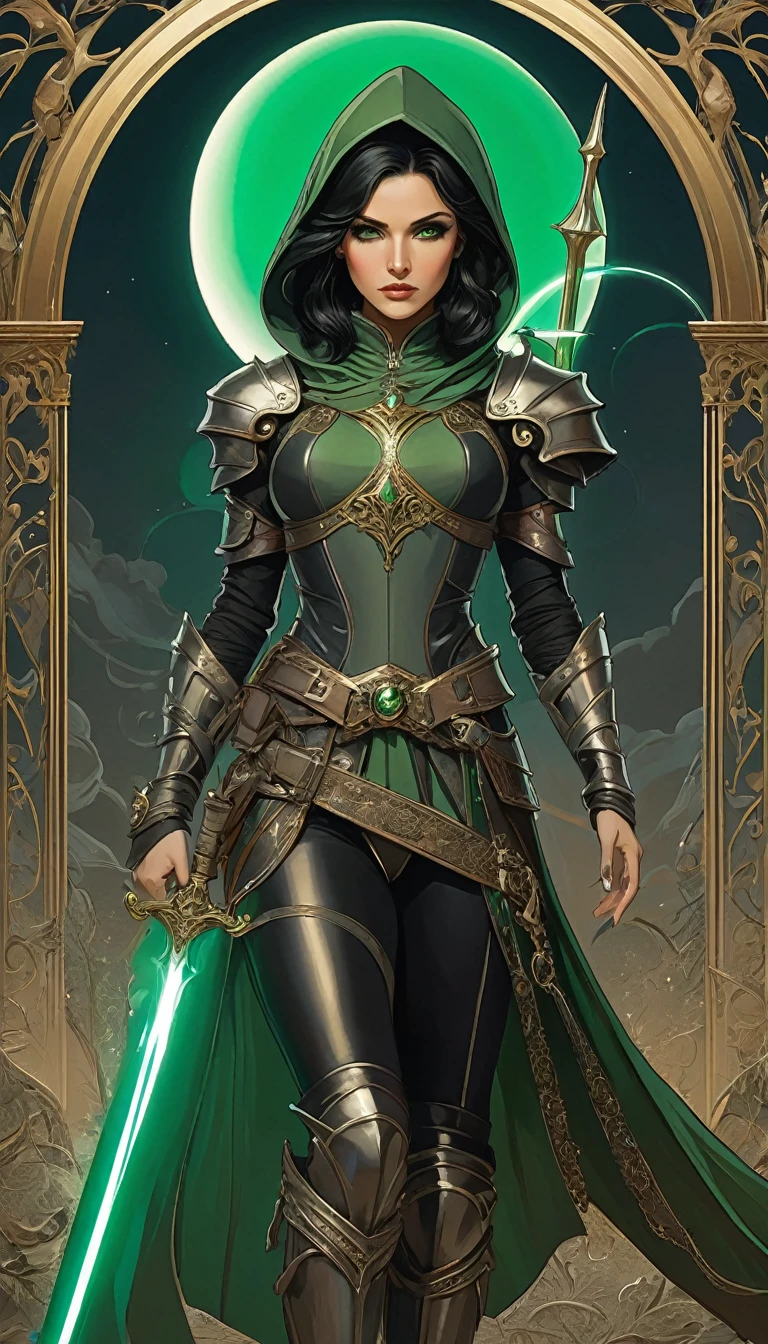 Elaborate border, light skinned medium height middle-eastern woman, she is wearing rogue armor with a small hood taken off, she has short straight black hair parted to a side, she has green eyes, she is standing in front of an eclipse, she is wearing metallic boots, she is holding a pitch black dagger, she has no makeup, background of dark smoke, good anatomy, dynamic pose, good proportions, modern style, vector, highly detailed, intricate, masterpiece, realistic, professional, Dark Fantasy, d&d, replace all gold in image with silver (centered), (well framed), vector-art, gradient color, detailed, realistic, professional art masterpiece, (Art Nouveau), Illustration by Alphonse Mucha, (vector-art:1.1) Negative prompt