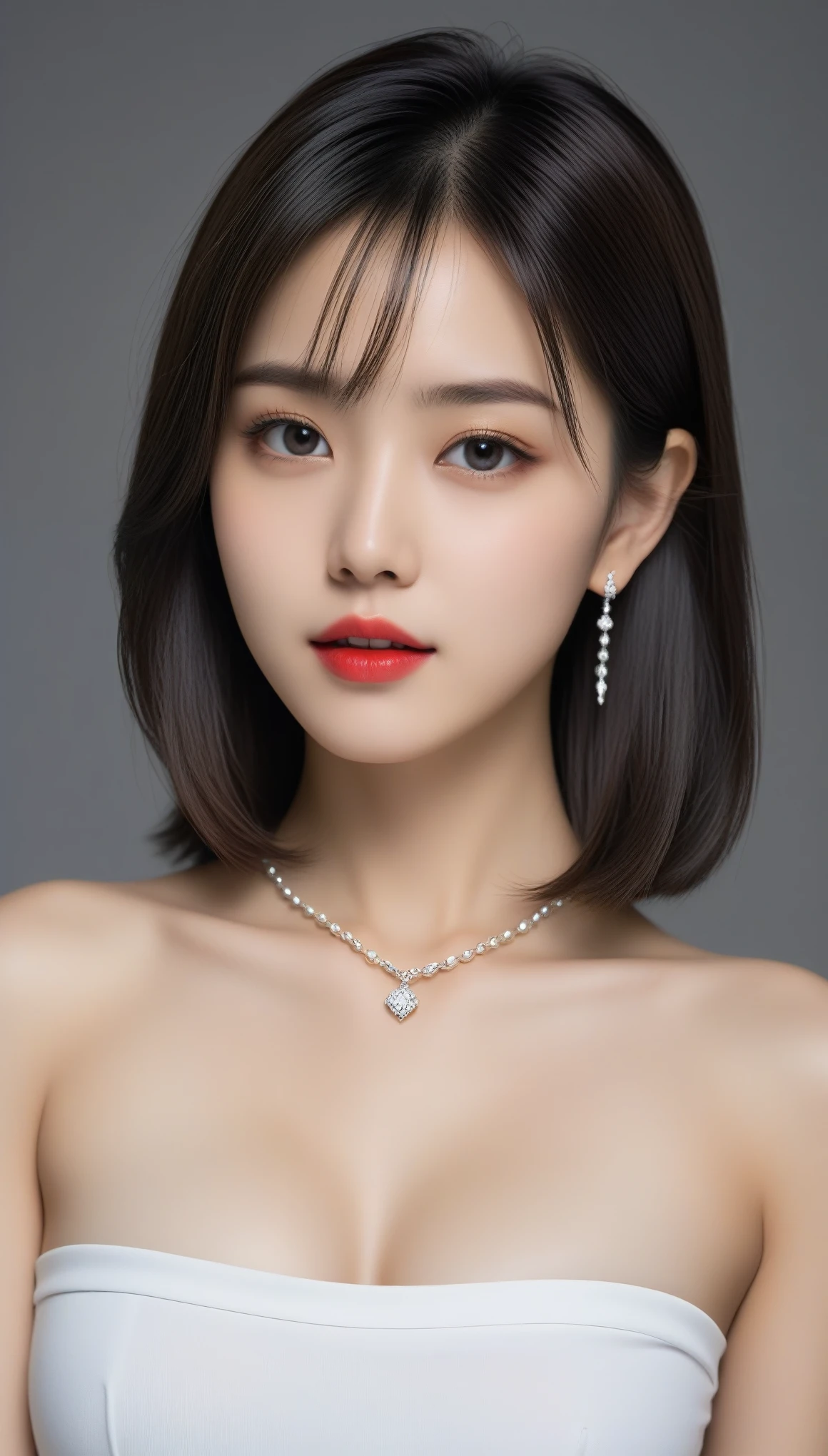 8k, Ultra-high resolution, Highest quality, masterpiece, 三分割法によるphotograph,Surreal, photograph, 1 Girl, (:1.3), pretty girl, Cute Face, 細部までBeautiful Eyes, 細かくdetailedに,masterpiece,One Girl:1.2,Japanese female announcer,full body,light smile,Black short hair,Wavy bob,Super Beautiful Girl 4,((1 girl:1.4)),Shine, Natural skin texture、(Stylish clothes:1.4),(The highest rank of ceremonial attire),Pencil Skirt,Attractive girl、16 years oldmale body:1.4)、(女の子のポートレートphotograph:1.4Photorealistic images:1.4),Fantasy art,(Beautiful Face:1.4)、Beautiful breasts,Beautiful and attractive eyes、Beautiful Eyes、(Tight waist:1.4)、(Beautiful girl with perfect body proportions:1.4),Red lips,(choker:1.4、necklace:1.4、Earrings:1.4),Beautiful leg line beauty,Looking at the audience,(((Ideal body type))),A-cup small breasts :2,、Portraiture:2、Perfect Anatomy、鮮明なdetailed、detailed,Fashion magazine cover,Thin lips,Gray background ,完璧でBeautiful Face ,完璧でCute Face, Skin with attention to detail, Perfect limbs、Narrow waist,Looking at the audience,(((Ideal body type))),A cup small breasts :2,Portraiture:2,Perfect Anatomy,鮮明なdetailed,detailed,Surreal,Light and shadow,spotlight
